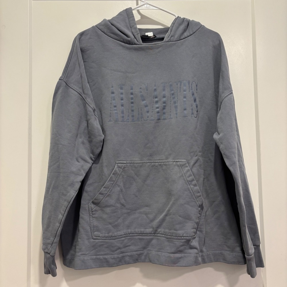 AllSaints Mens Logo Sellout Hoodie Large Blue Gray Pullover Sweatshirt